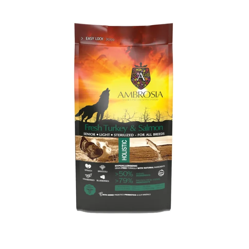 AMBROSIA Senior Light Γαλοπούλα & Σολομός – Τροφή για Στειρωμένα Σκυλιά